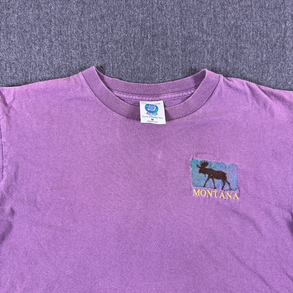 Belton Montana Moose Logo Crew Neck T-Shirt Mens Size Medium Purple Cotton